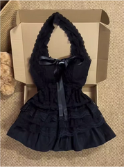 Black Swan Girl Halter Neck High Waist Lace Cake Puff Homecoming Dress
