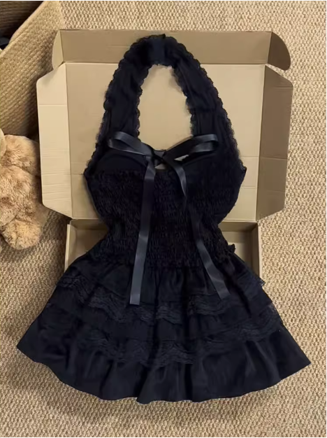 Black Swan Girl Halter Neck High Waist Lace Cake Puff Homecoming Dress