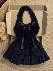 Black Swan Girl Halter Neck High Waist Lace Cake Puff Homecoming Dress