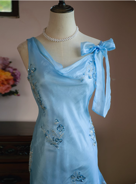 Cute Blue Beaded Ruffled Collar Birthday Party Homecoming Dress