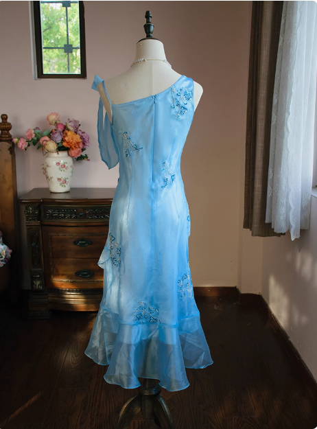 Cute Blue Beaded Ruffled Collar Birthday Party Homecoming Dress
