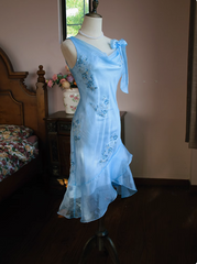 Cute Blue Beaded Ruffled Collar Birthday Party Homecoming Dress