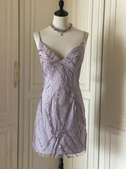 Elegant V-neck Purple Sequin Spaghetti Strap Mini Homecoming Dress