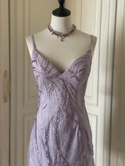 Elegant V-neck Purple Sequin Spaghetti Strap Mini Homecoming Dress