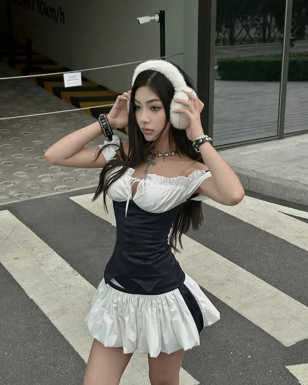 College Style Black And White Splicing Flower Bud Skirt 20th Birthday Homecoming Dress