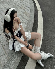 College Style Black And White Splicing Flower Bud Skirt 20th Birthday Homecoming Dress