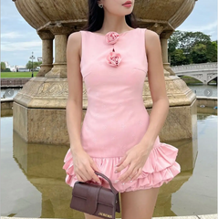 Cute Pink Sleeveless 3D Flower Bud Skirt Mini 16th Birthday Homecoming Dress