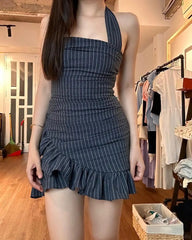 Chic Grey Striped Halter Neck Irregular Hem Homecoming Dress