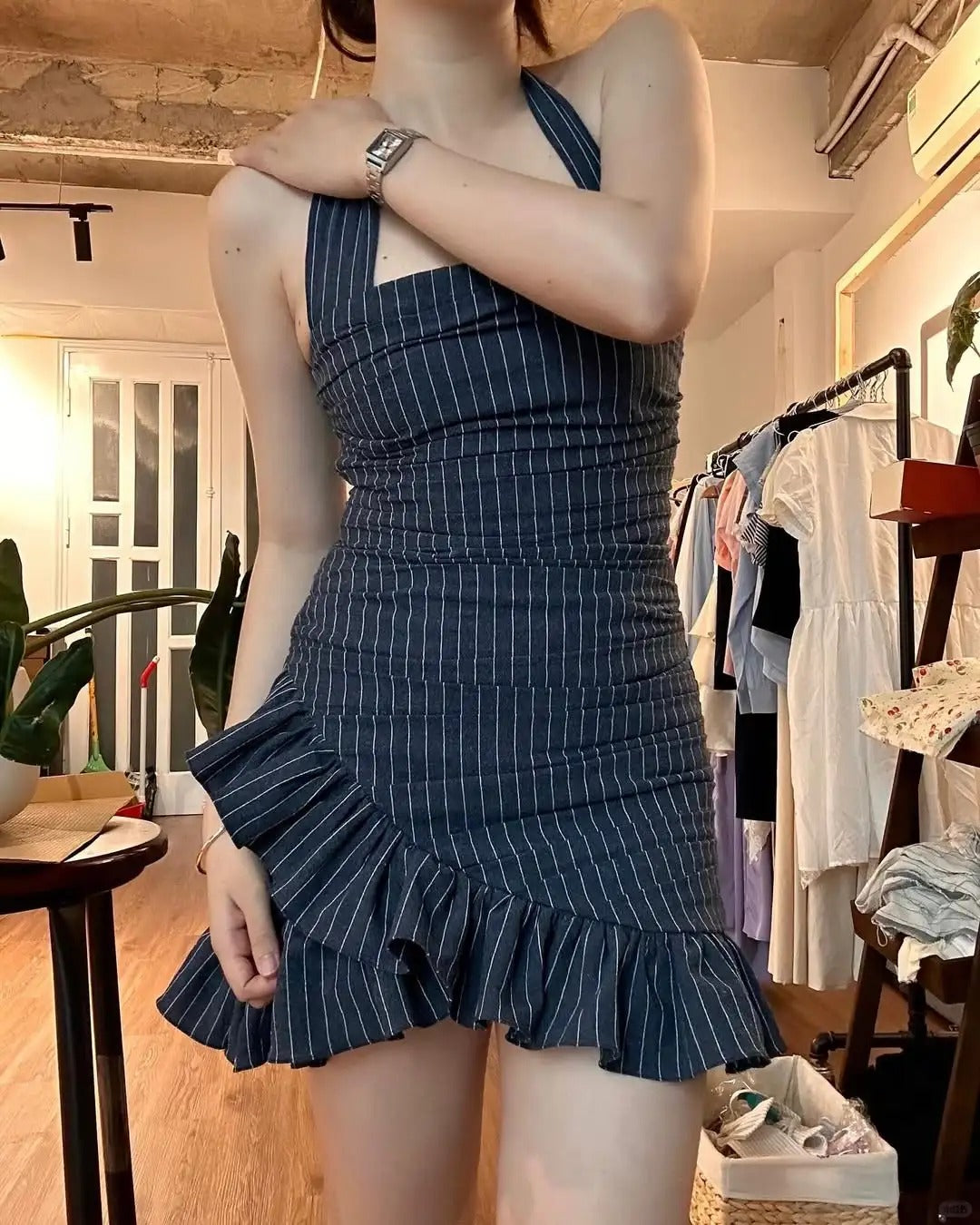 Chic Grey Striped Halter Neck Irregular Hem Homecoming Dress
