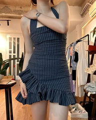 Chic Grey Striped Halter Neck Irregular Hem Homecoming Dress