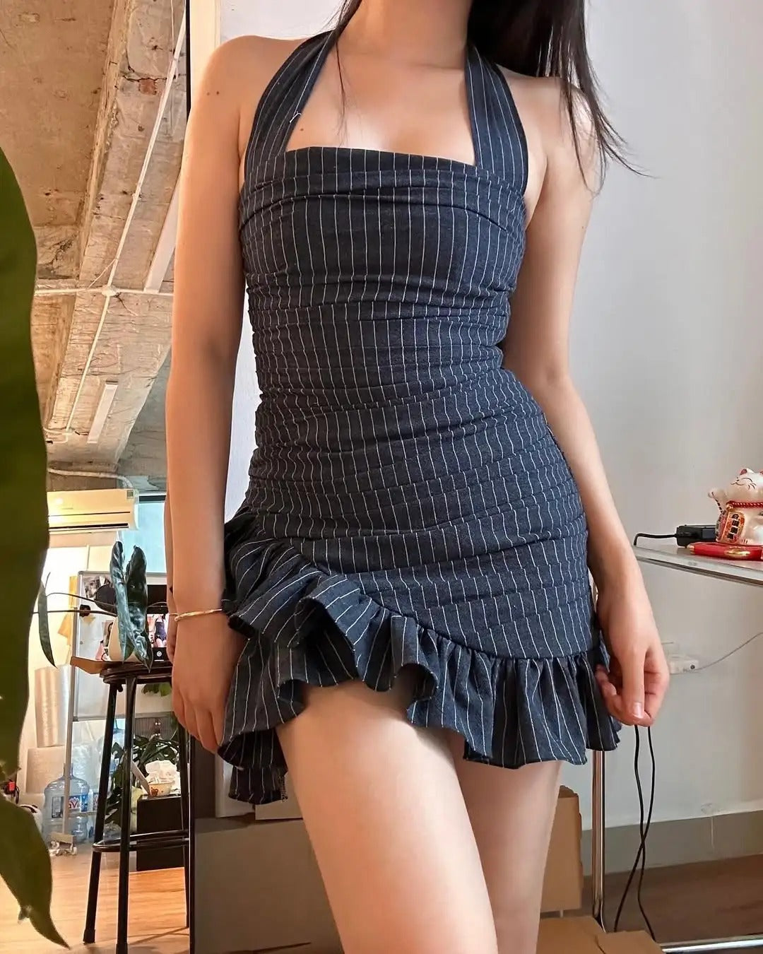 Chic Grey Striped Halter Neck Irregular Hem Homecoming Dress