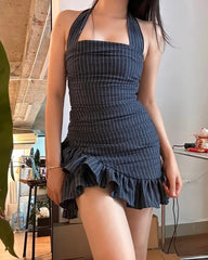 Chic Grey Striped Halter Neck Irregular Hem Homecoming Dress