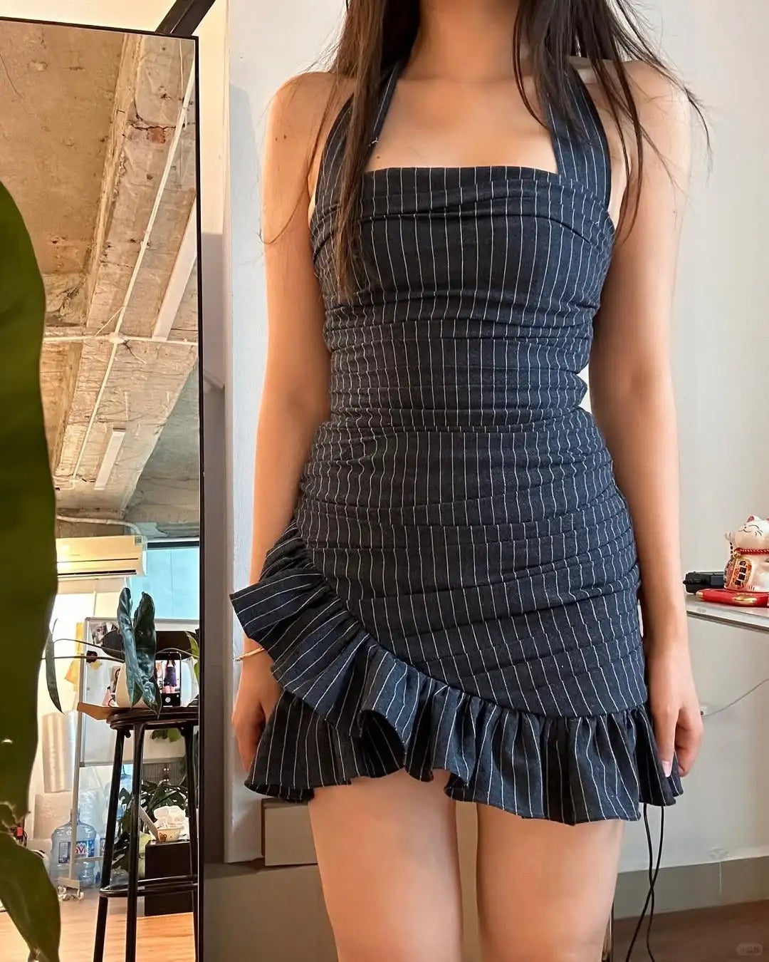 Chic Grey Striped Halter Neck Irregular Hem Homecoming Dress