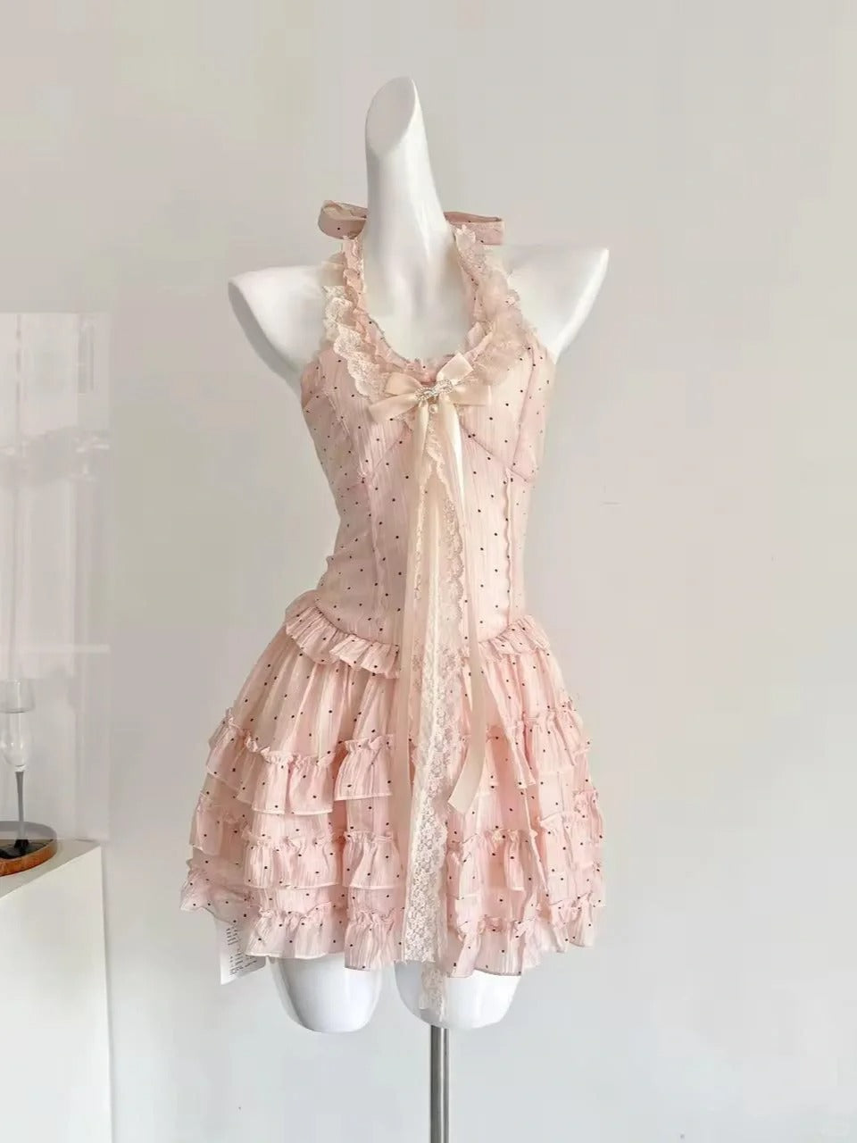 Cute Pink Polka Dot Halter Neck A-Line Mini 16th Birthday Homecoming Dress
