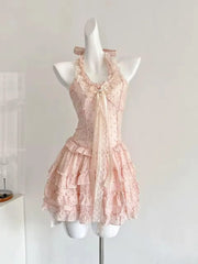 Cute Pink Polka Dot Halter Neck A-Line Mini 16th Birthday Homecoming Dress