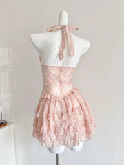 Cute Pink Polka Dot Halter Neck A-Line Mini 16th Birthday Homecoming Dress