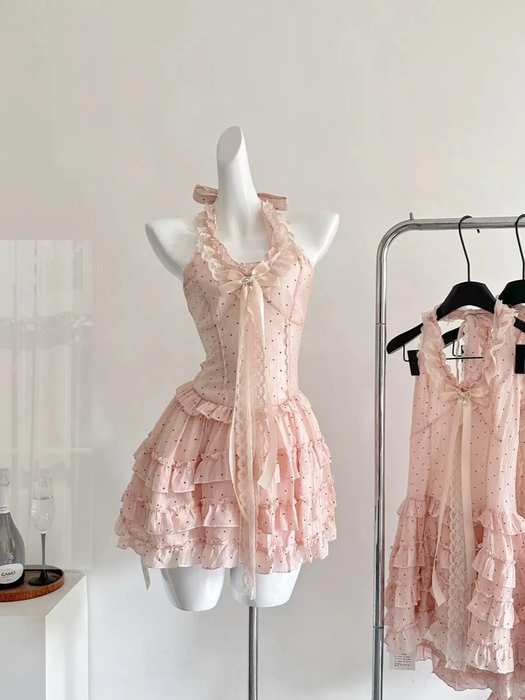 Cute Pink Polka Dot Halter Neck A-Line Mini 16th Birthday Homecoming Dress