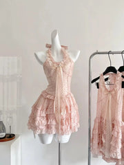 Cute Pink Polka Dot Halter Neck A-Line Mini 16th Birthday Homecoming Dress
