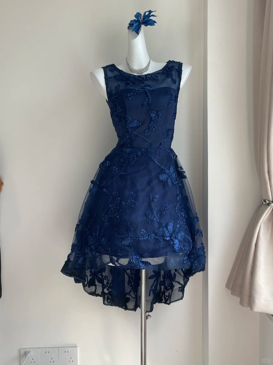 Elegant Navy Blue Shoulder Strap Sleeveless Embroidered Short Front And Long Back Homecoming Dress