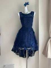Elegant Navy Blue Shoulder Strap Sleeveless Embroidered Short Front And Long Back Homecoming Dress