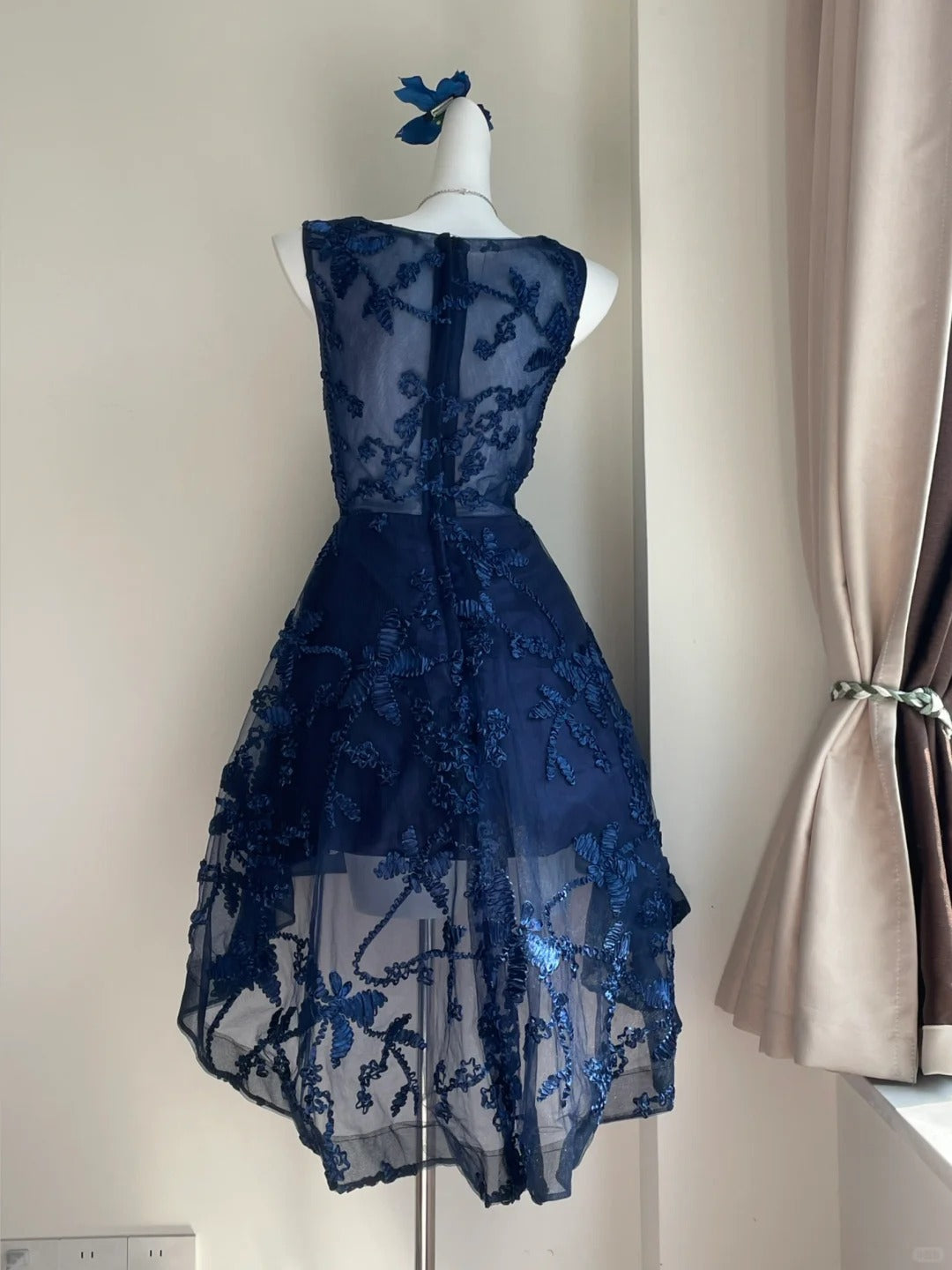 Elegant Navy Blue Shoulder Strap Sleeveless Embroidered Short Front And Long Back Homecoming Dress