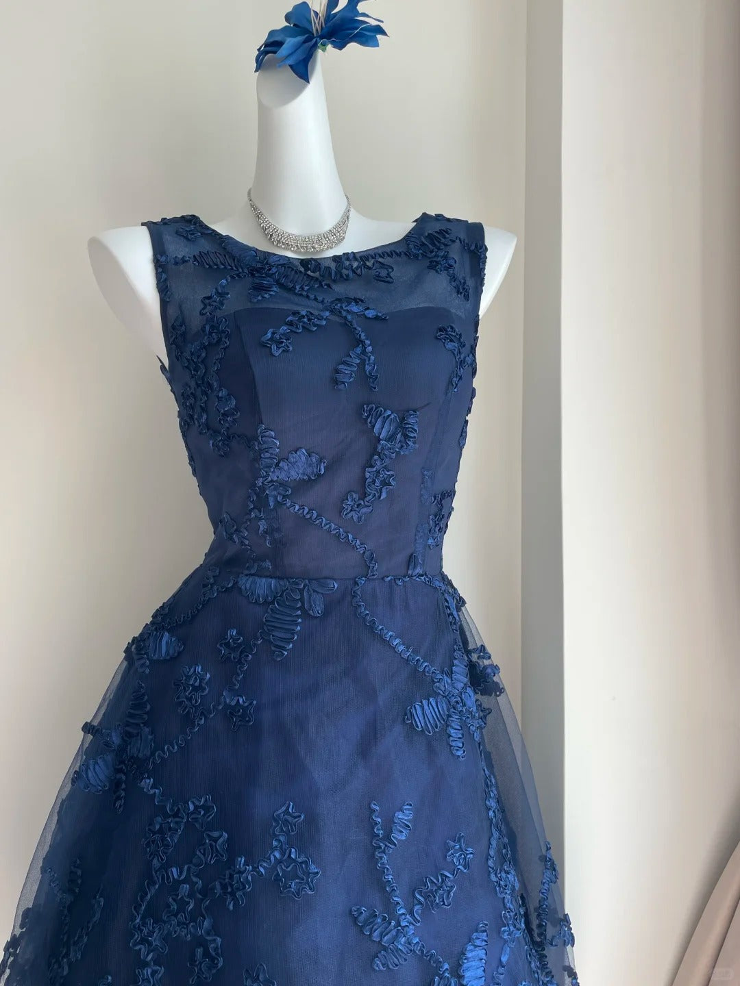 Elegant Navy Blue Shoulder Strap Sleeveless Embroidered Short Front And Long Back Homecoming Dress