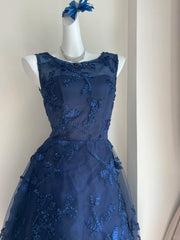 Elegant Navy Blue Shoulder Strap Sleeveless Embroidered Short Front And Long Back Homecoming Dress