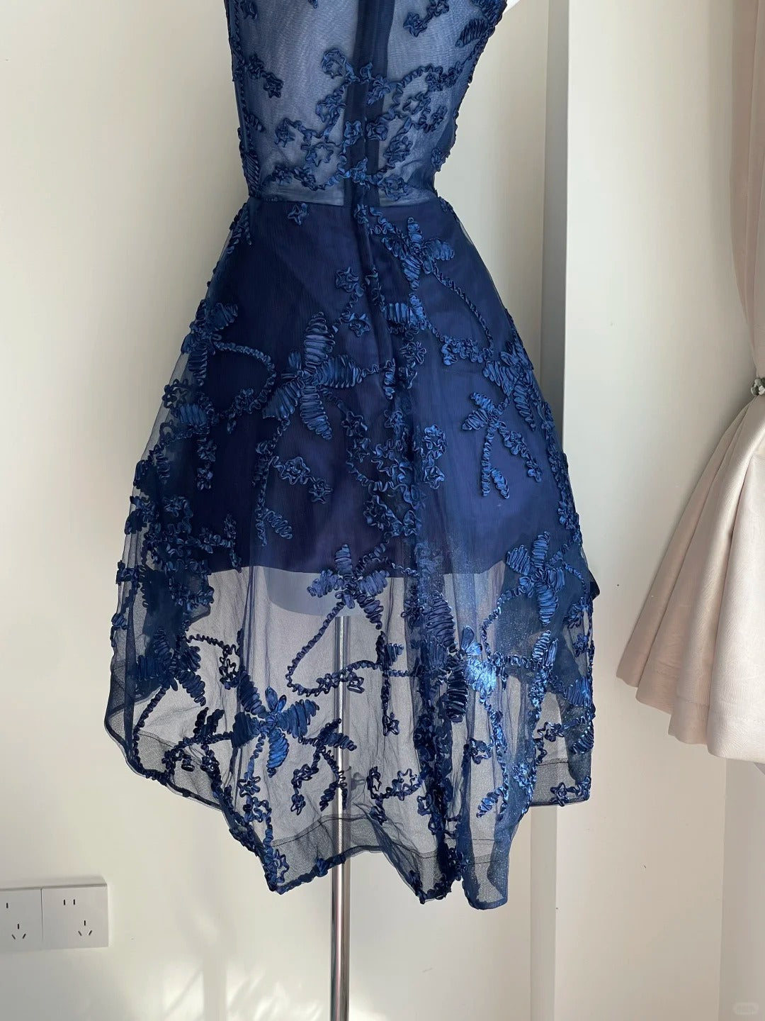 Elegant Navy Blue Shoulder Strap Sleeveless Embroidered Short Front And Long Back Homecoming Dress