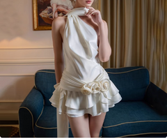 Beautiful Floral Off-the-shoulder Halter Neck Ribbon Ruffled A-line Homecoming Dress