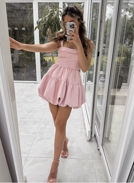 Cute Sweet Pink Pleated Sling Puffy Bud 17th Birthday Homecoming Dress