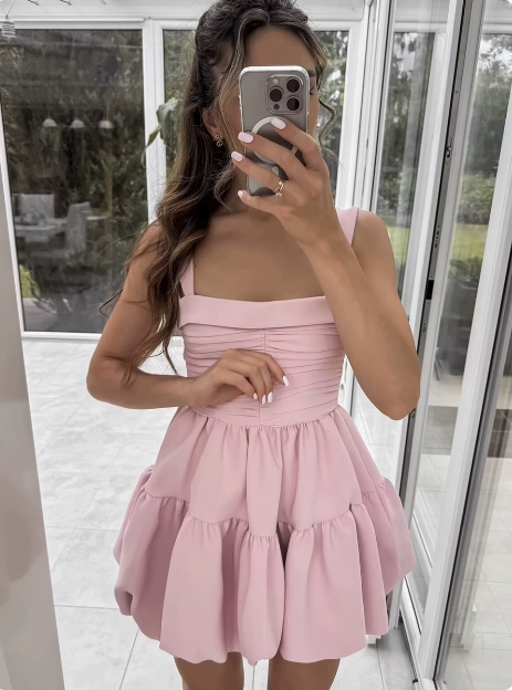 Cute Sweet Pink Pleated Sling Puffy Bud 17th Birthday Homecoming Dress