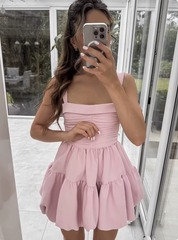 Cute Sweet Pink Pleated Sling Puffy Bud 17th Birthday Homecoming Dress
