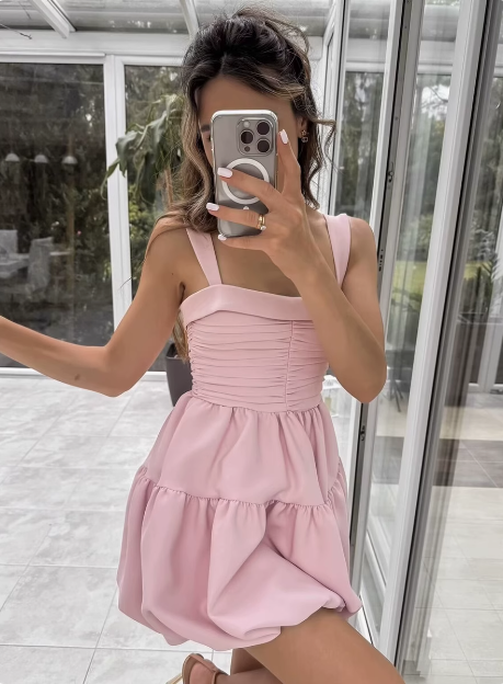 Cute Sweet Pink Pleated Sling Puffy Bud 17th Birthday Homecoming Dress