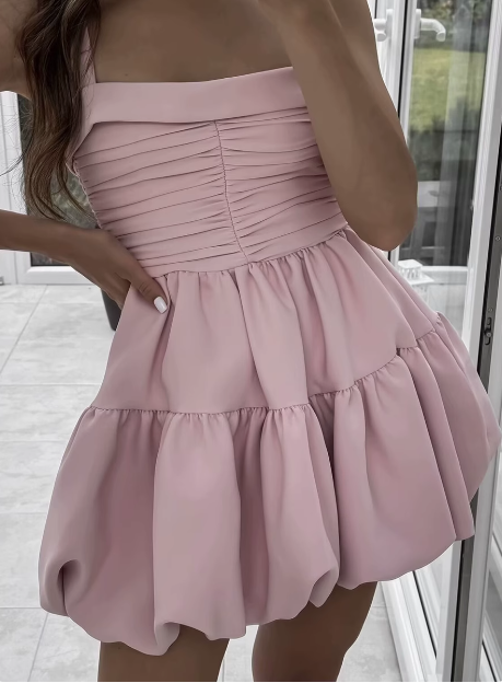 Cute Sweet Pink Pleated Sling Puffy Bud 17th Birthday Homecoming Dress