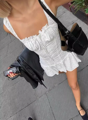 Cute White Embroidered Square Neck Slim Waist Suspender Mini Homecoming Dress