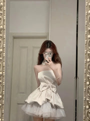 Cute White Strapless Bow Satin Tulle Mini 17th Birthday Homecoming Dress