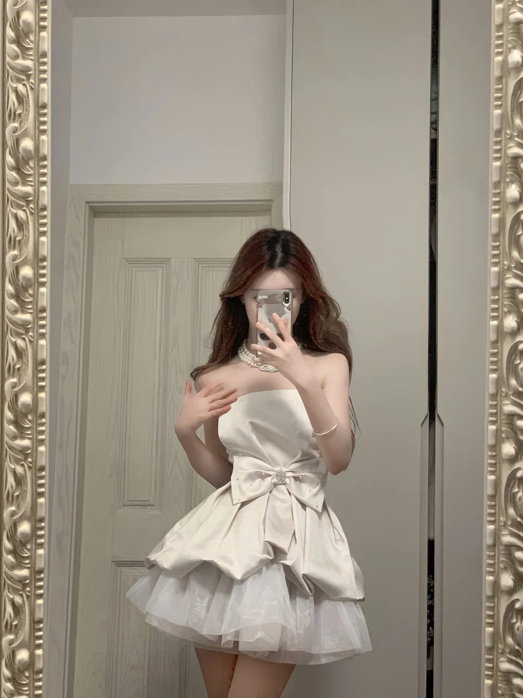 Cute White Strapless Bow Satin Tulle Mini 17th Birthday Homecoming Dress