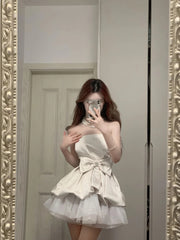 Cute White Strapless Bow Satin Tulle Mini 17th Birthday Homecoming Dress