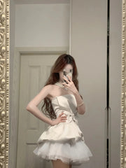 Cute White Strapless Bow Satin Tulle Mini 17th Birthday Homecoming Dress