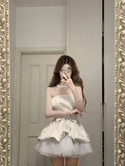 Cute White Strapless Bow Satin Tulle Mini 17th Birthday Homecoming Dress
