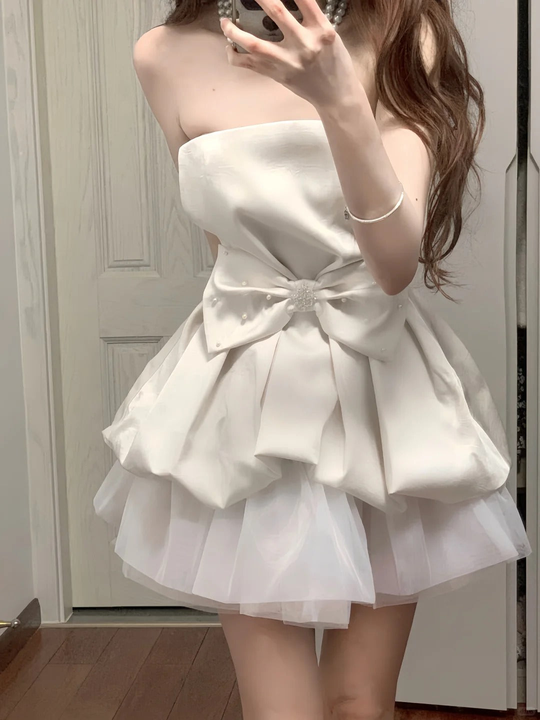 Cute White Strapless Bow Satin Tulle Mini 17th Birthday Homecoming Dress