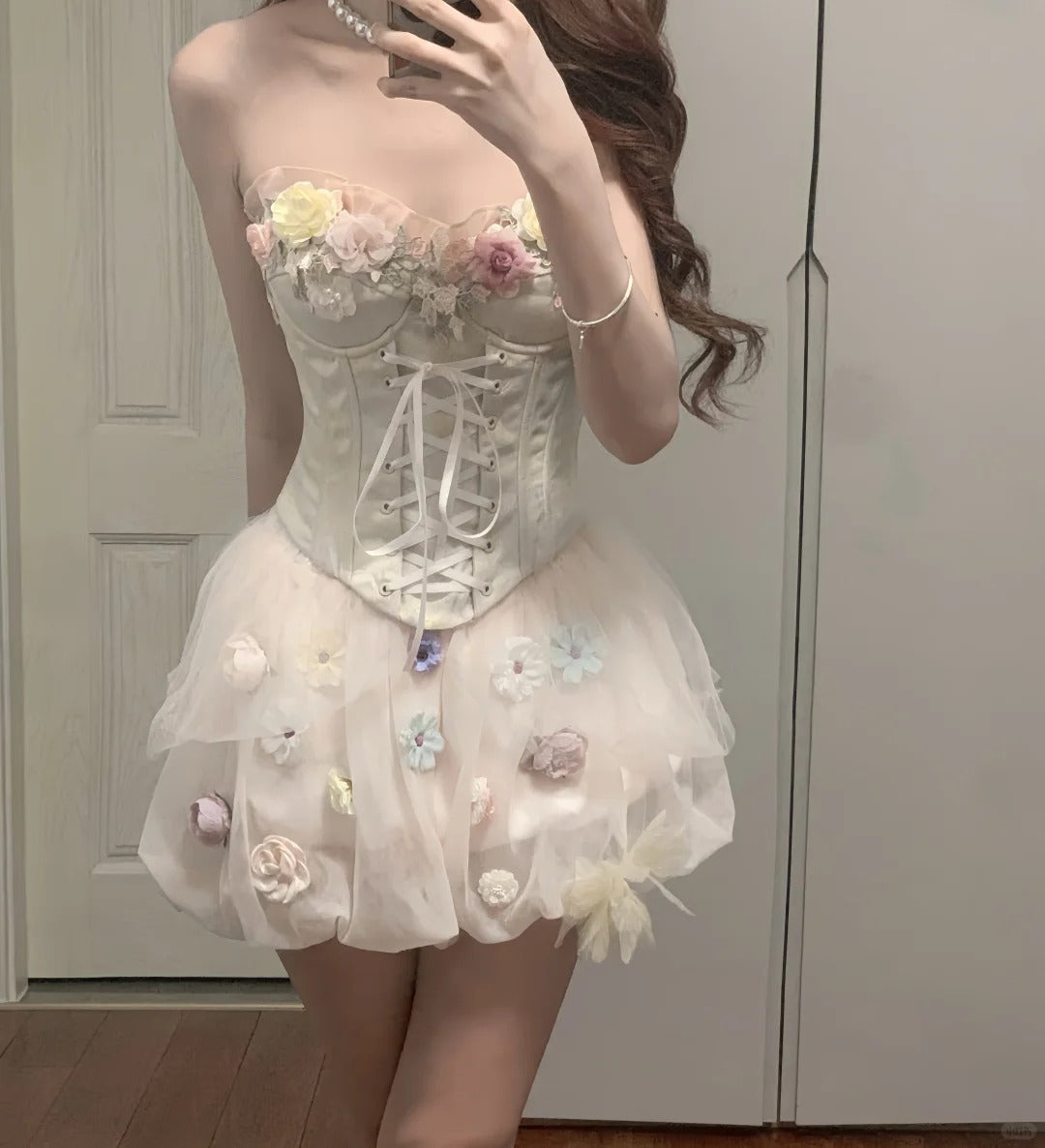 Cute Pink 3D Flower Corset With Bud Skirt 17th Birthday Homecoming Dress