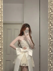 Cute Lace Pearl Bow Strapless A-Line Mini 17th Birthday Homecoming Dress