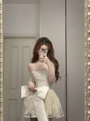 Cute Lace Pearl Bow Strapless A-Line Mini 17th Birthday Homecoming Dress