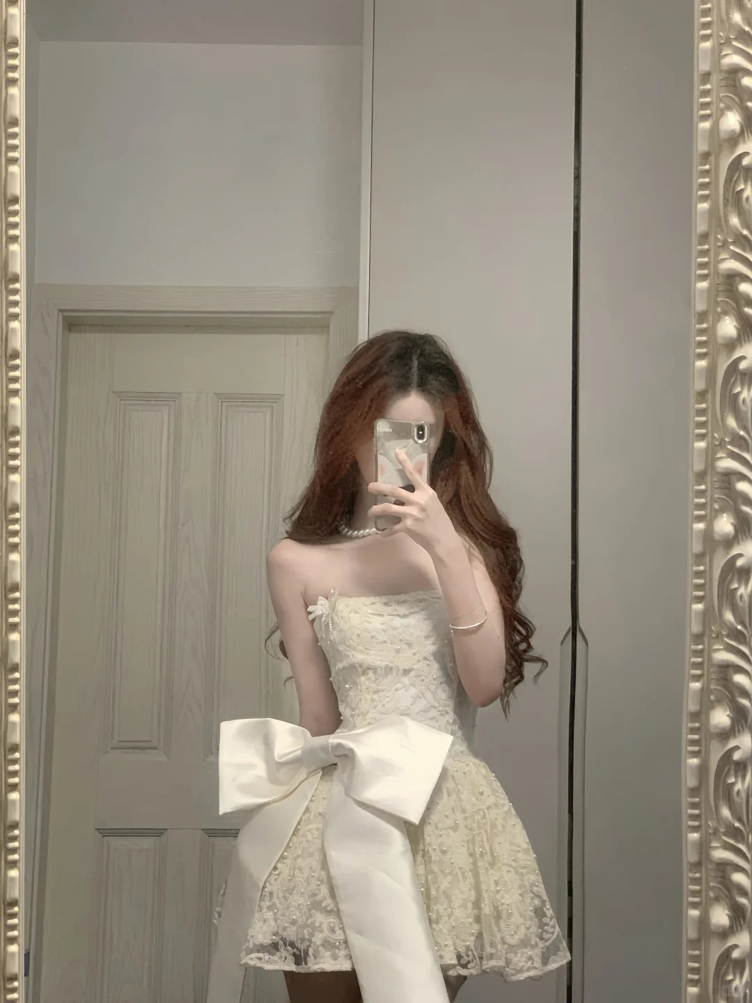 Cute Lace Pearl Bow Strapless A-Line Mini 17th Birthday Homecoming Dress