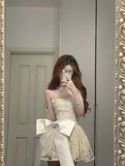 Cute Lace Pearl Bow Strapless A-Line Mini 17th Birthday Homecoming Dress