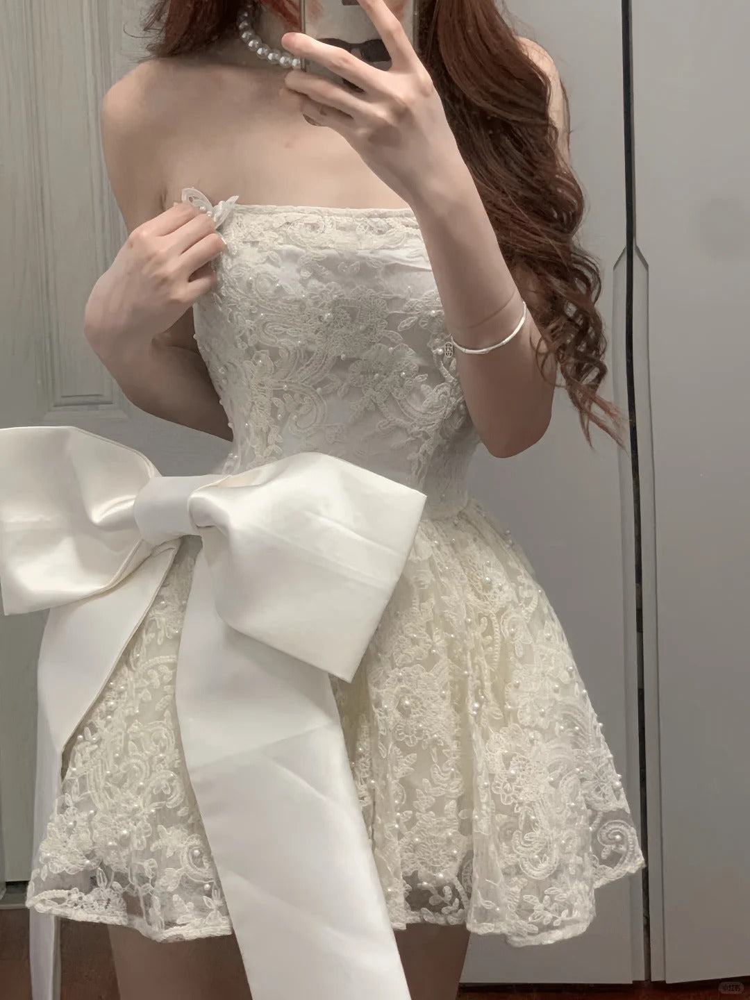 Cute Lace Pearl Bow Strapless A-Line Mini 17th Birthday Homecoming Dress