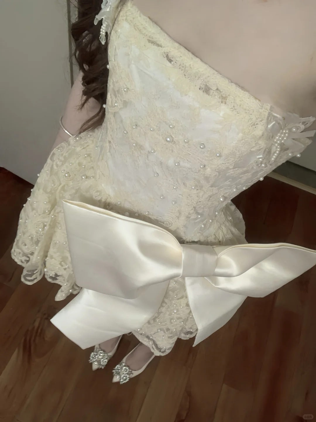 Cute Lace Pearl Bow Strapless A-Line Mini 17th Birthday Homecoming Dress