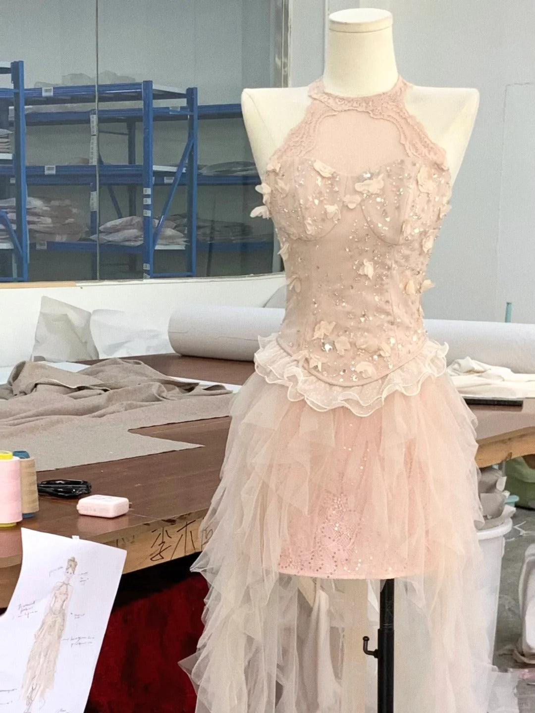 Cute Pink Off-the-shoulder Beaded Lace Tulle Princess 17th Birthday Homecoming Dress