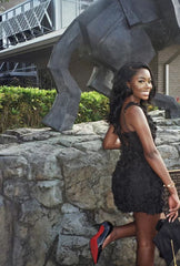 Elegant Black Square Neck Straps Floral 17th Birthday Homecoming Dress